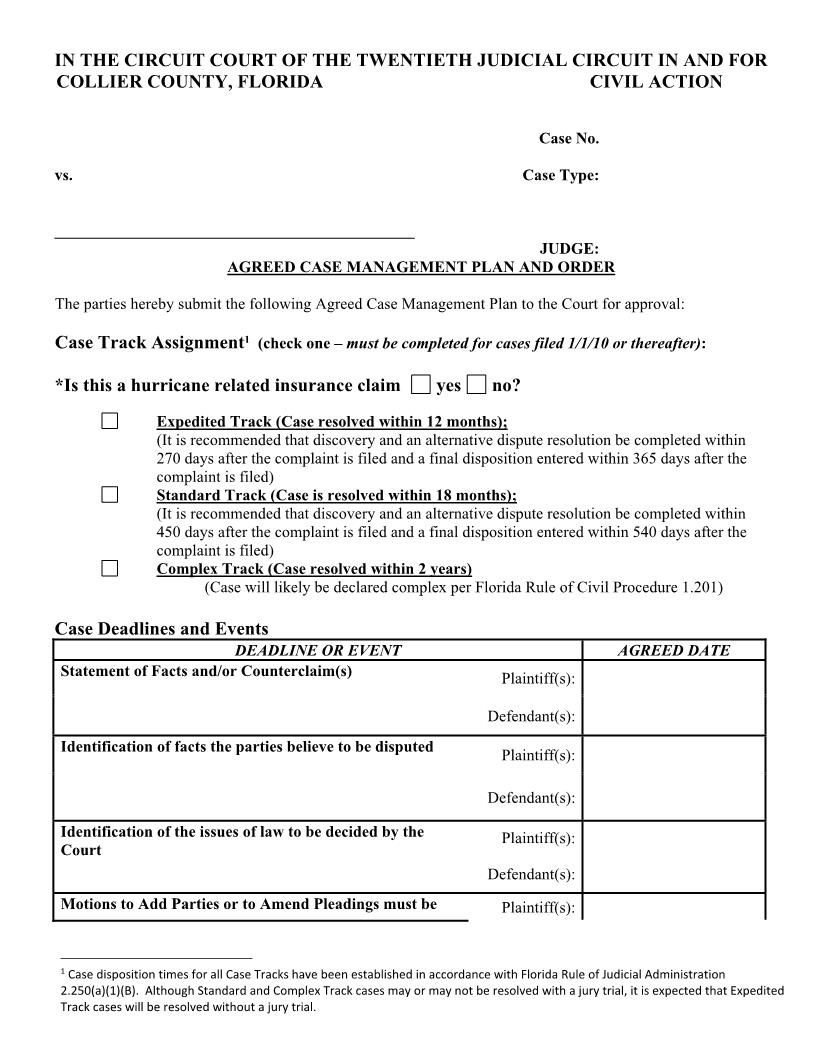 Agreed Case Management Plan And Order | Pdf Fpdf Docx | Florida