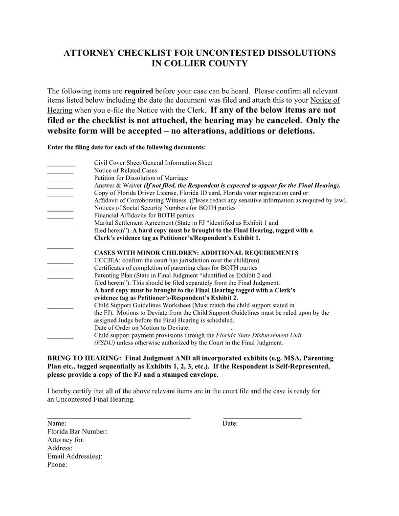 Attorney Checklist For Uuncontested Dissolutions | Pdf Fpdf Docx | Florida