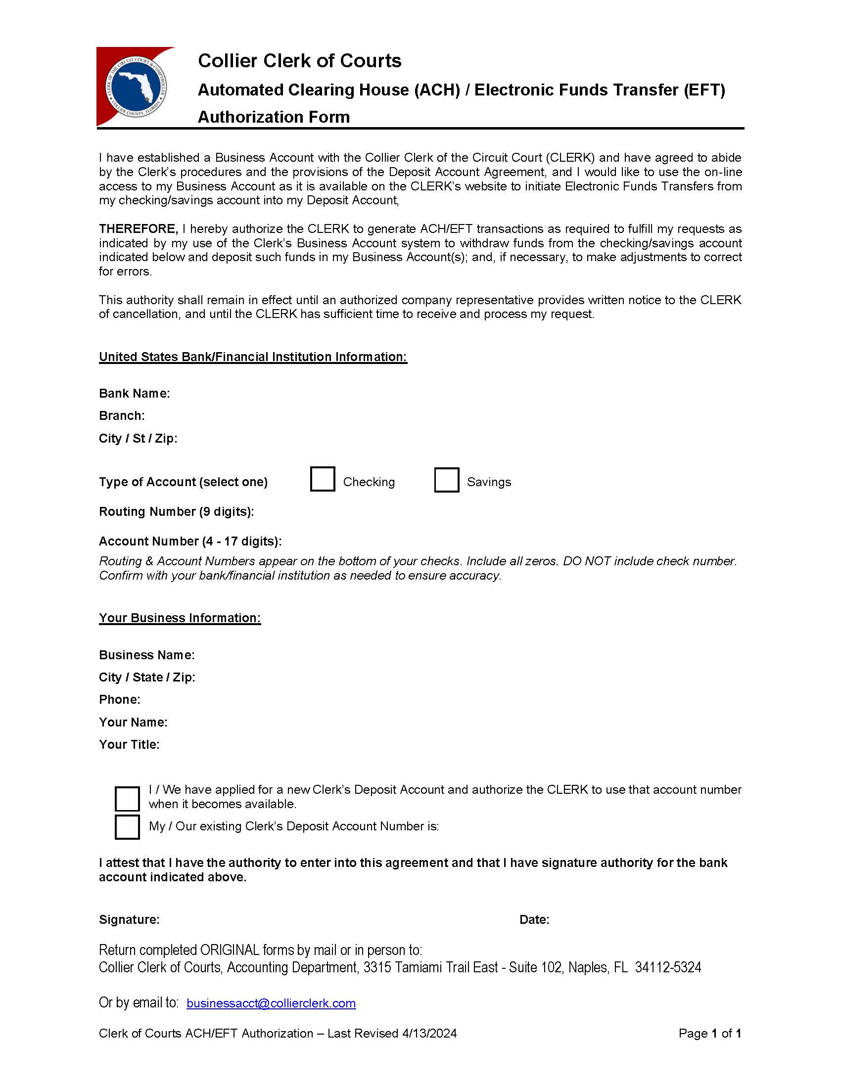 Automated Clearing House (ACH) - Electronic Funds Transfer (EFT) Authorization | Pdf Fpdf Docx | Florida