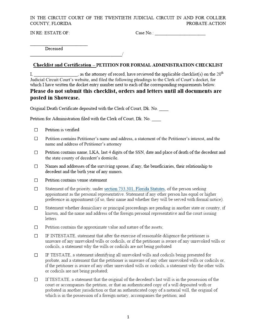 Checklist And Certification - Petition For Formal Administration (Judge Brodie) | Pdf Fpdf Docx | Florida