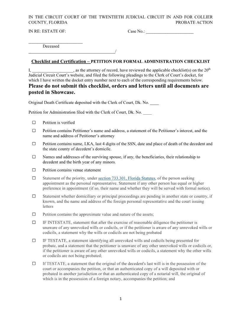 Checklist And Certification - Petition For Formal Administration (Judge Krier) | Pdf Fpdf Docx | Florida