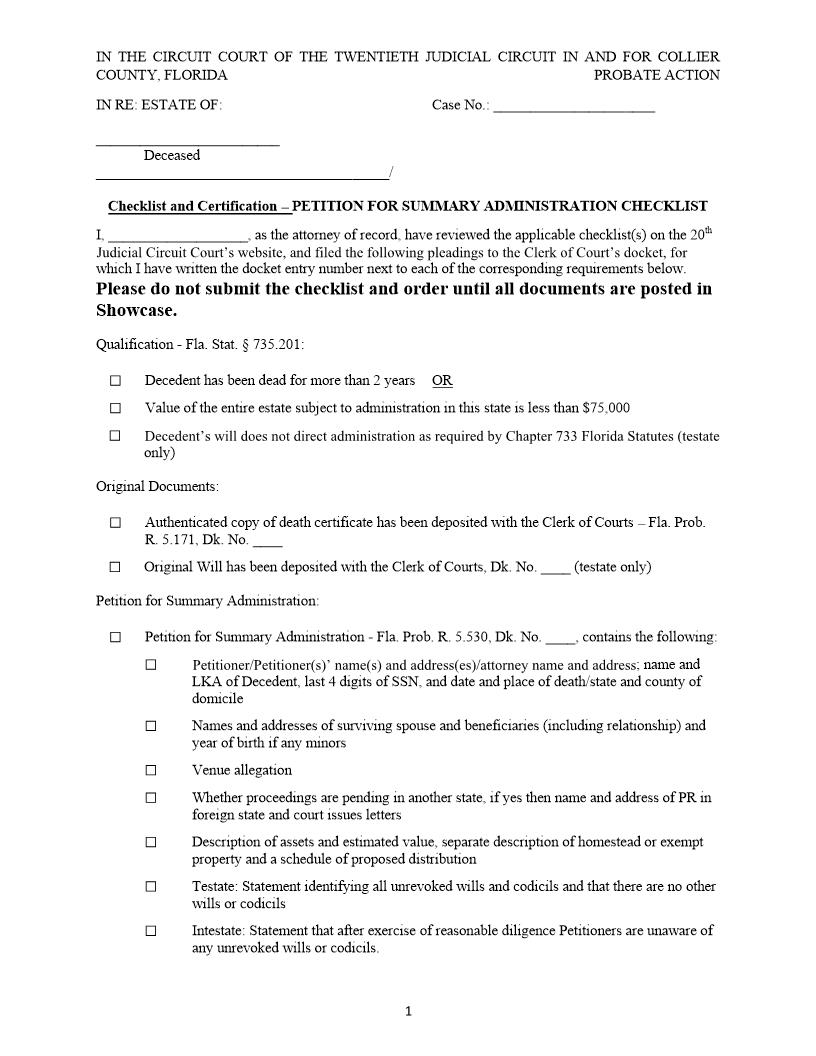 Checklist And Certification - Petition For Summary Administration (Judge Brodie) | Pdf Fpdf Docx | Florida