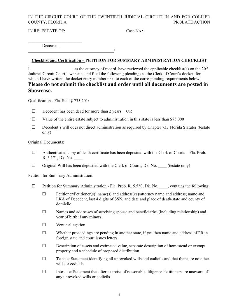 Checklist And Certification - Petition For Summary Administration (Judge Krier) | Pdf Fpdf Docx | Florida
