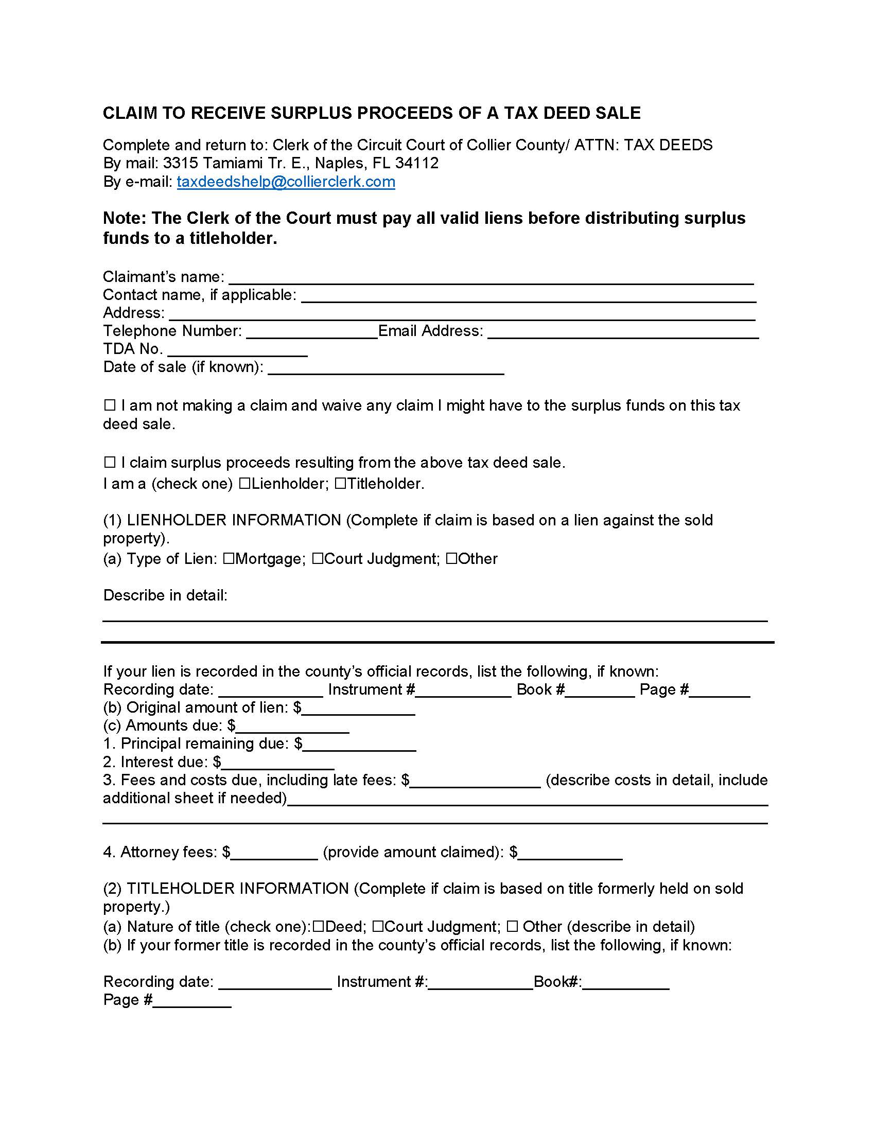 Claim To Receive Surplus Of Tax Deed Sale | Pdf Fpdf Docx | Florida