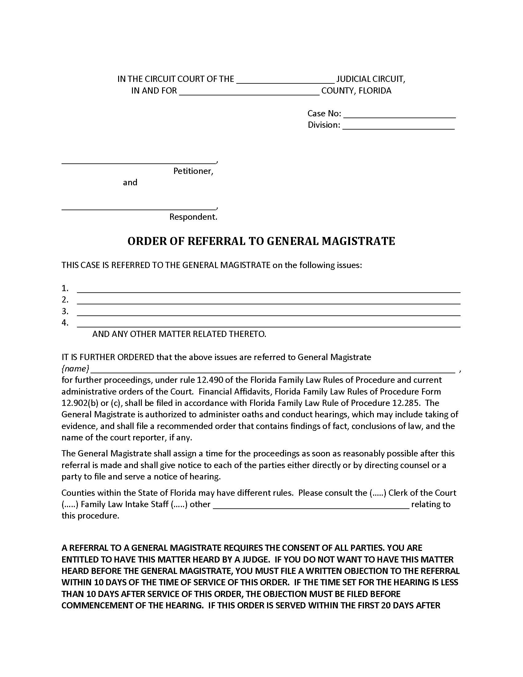 Family Order Of Referral To General Magistrate Dente | Pdf Fpdf Docx | Florida