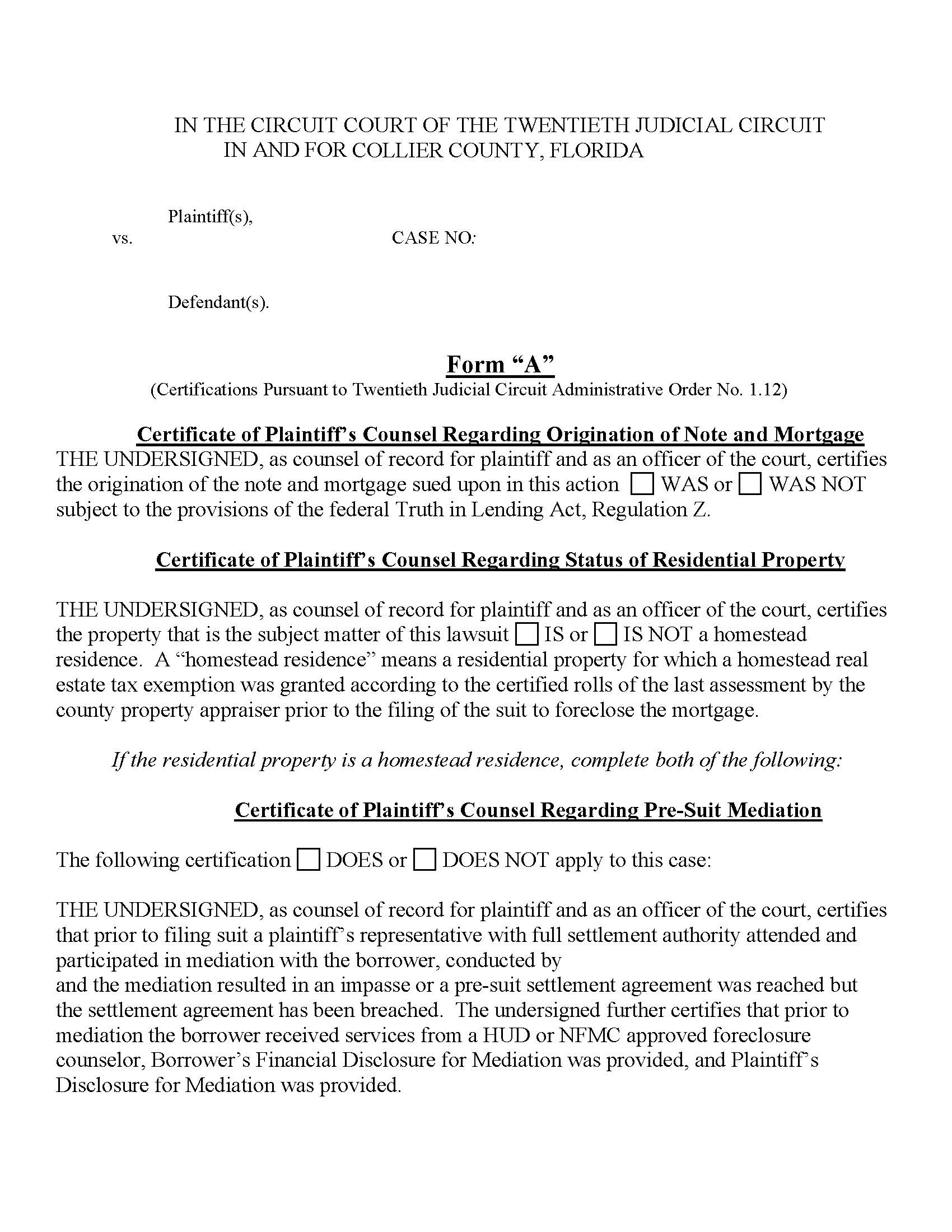 Foreclosure Mediation Form A (Certifications) | Pdf Fpdf Docx | Florida