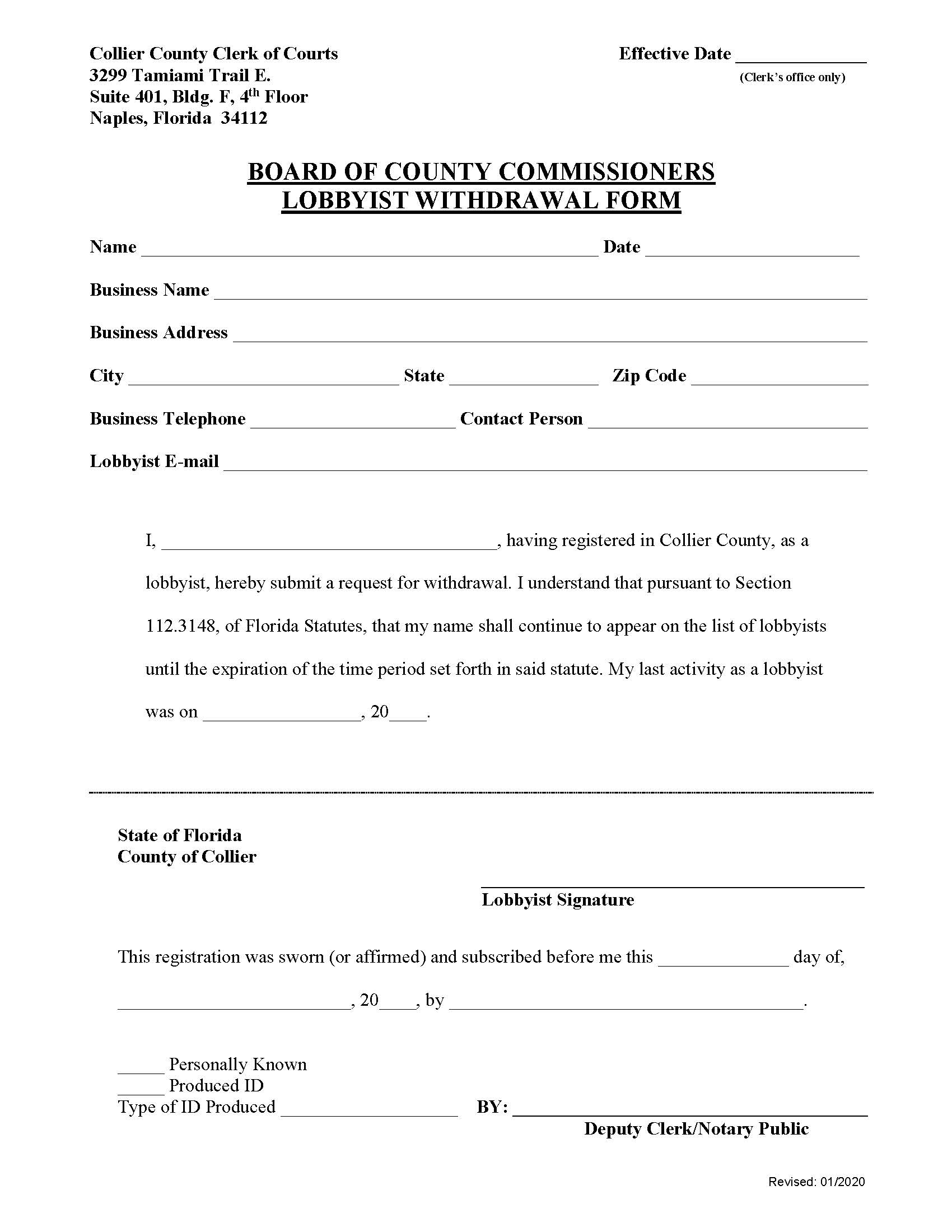 Lobbyist Withdrawal Form | Pdf Fpdf Docx | Florida