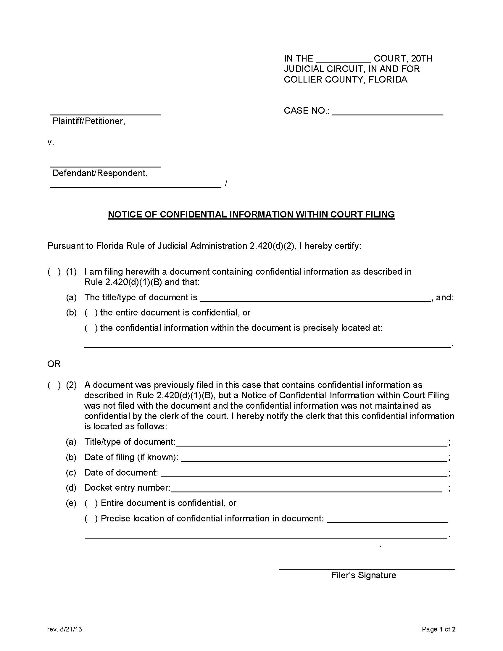 Notice Of Confidential Information Within Court FIling | Pdf Fpdf Docx | Florida