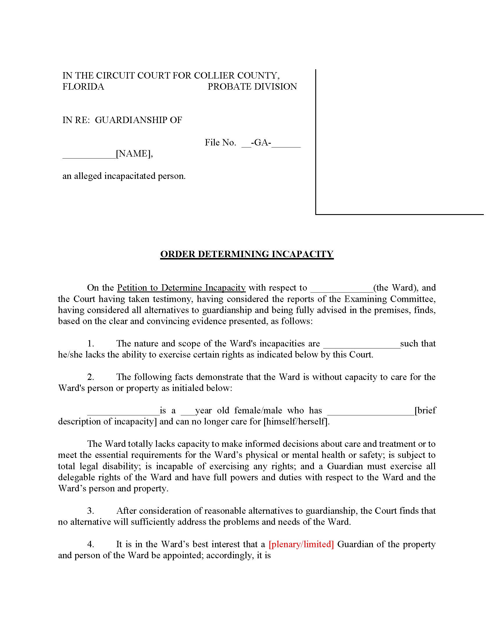 Order Determining Incapacity | Pdf Fpdf Docx | Florida