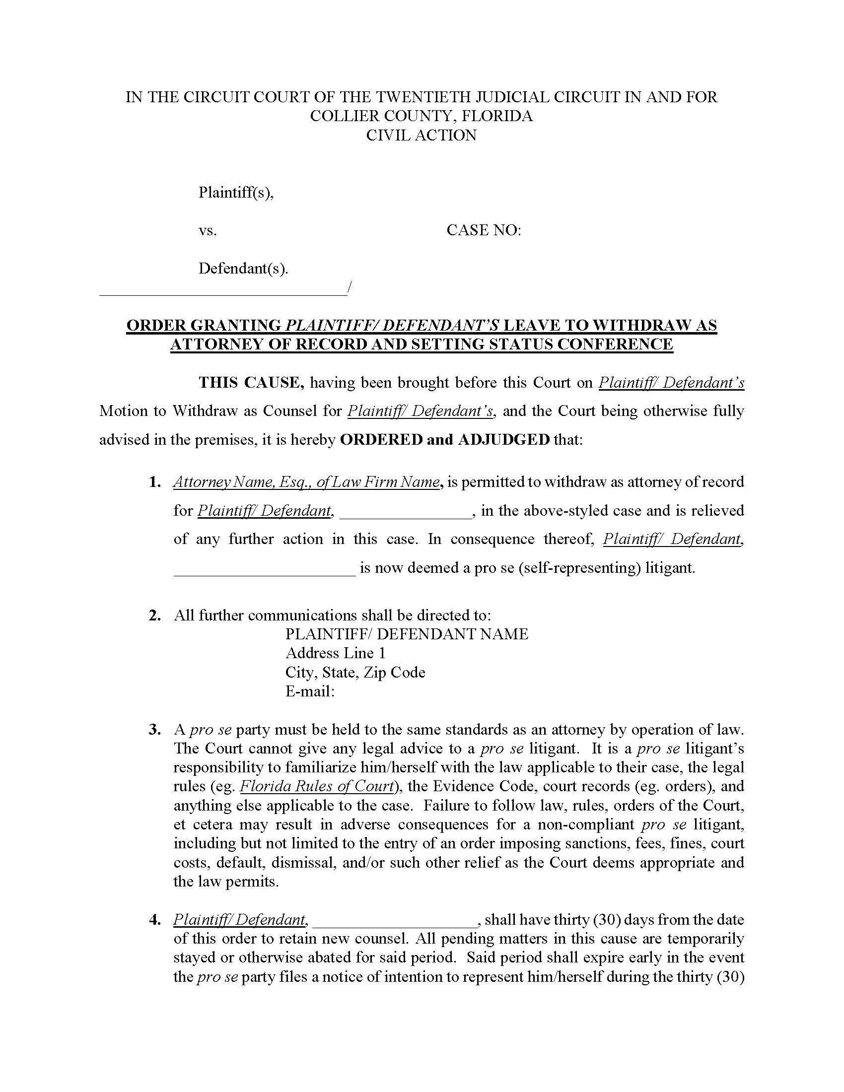 Order Granting Leave To Withdraw As Attorney Of Record (Judge Brodie) | Pdf Fpdf Docx | Florida