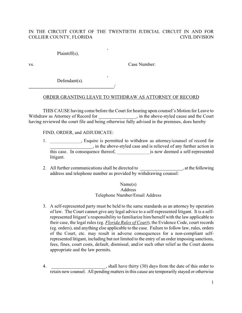 Order Granting Leave To Withdraw As Attorney Of Record (Judge Krier) | Pdf Fpdf Docx | Florida