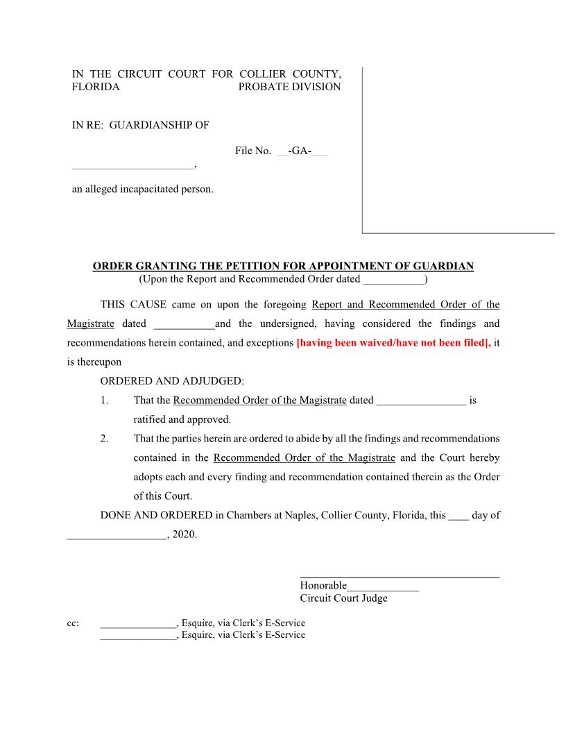 Order Granting Petition Appointment Of Guardian (Adopting Guardianship Dente) (Judge Krier) | Pdf Fpdf Docx | Florida