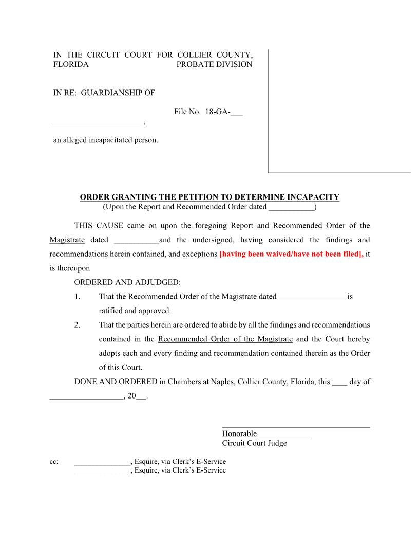 Order Granting Petition To Determine Incapacity (Adopting Incapacity Dente) (Judge Krier) | Pdf Fpdf Docx | Florida