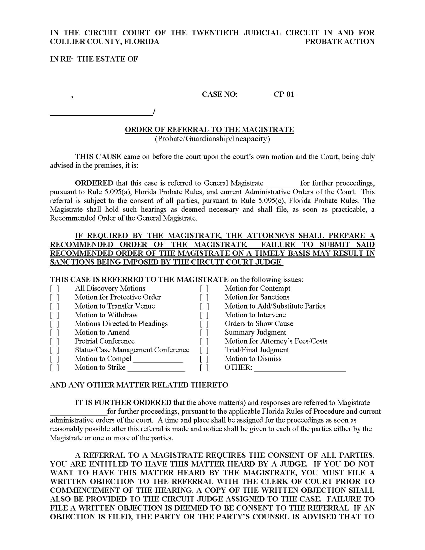 Order Of Referral To Magistrate Judge Barger (Probate) | Pdf Fpdf Docx | Florida