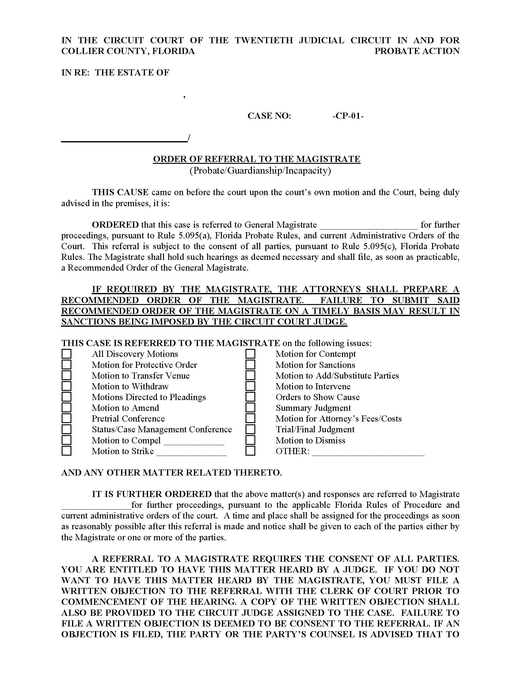 Order Of Referral To The Magistrate (Mag. Ellis - Probate) {COL ORM-AWE} | Pdf Fpdf Docx | Florida