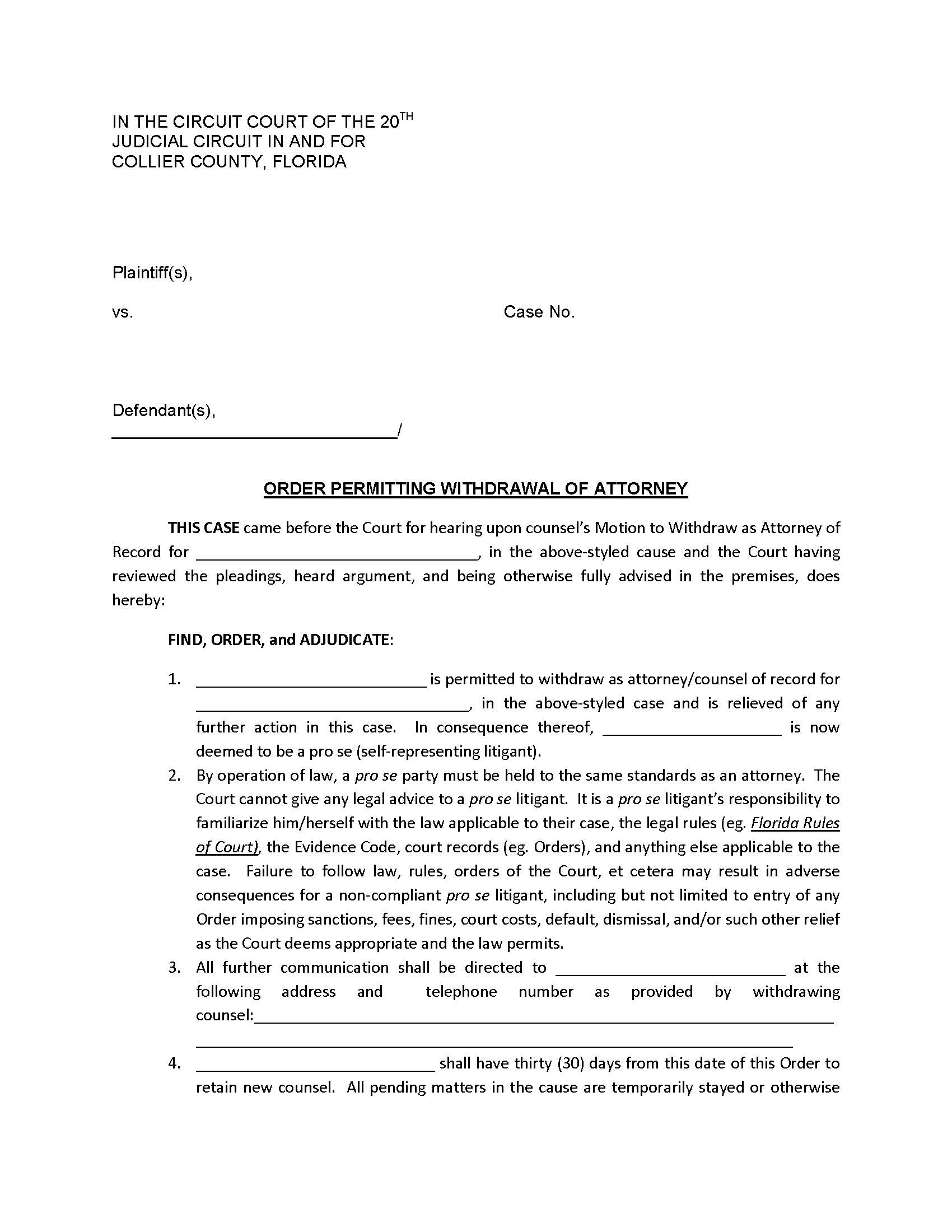 Order Permitting Withdrawal Of Attorney (Judge Hayes) | Pdf Fpdf Docx | Florida