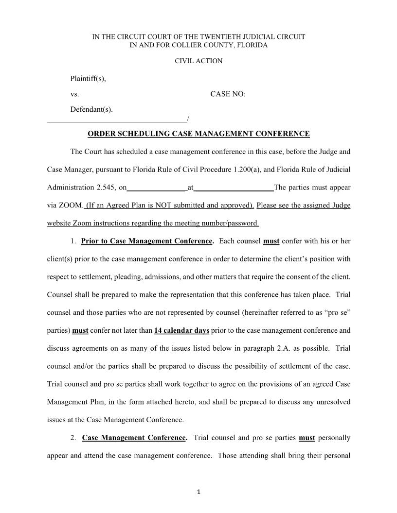 Order Scheduling Case Management Conference | Pdf Fpdf Docx | Florida