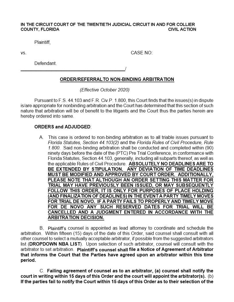 Order-Referral To Non-Binding Arbitration (Judge Hayes) | Pdf Fpdf Docx | Florida