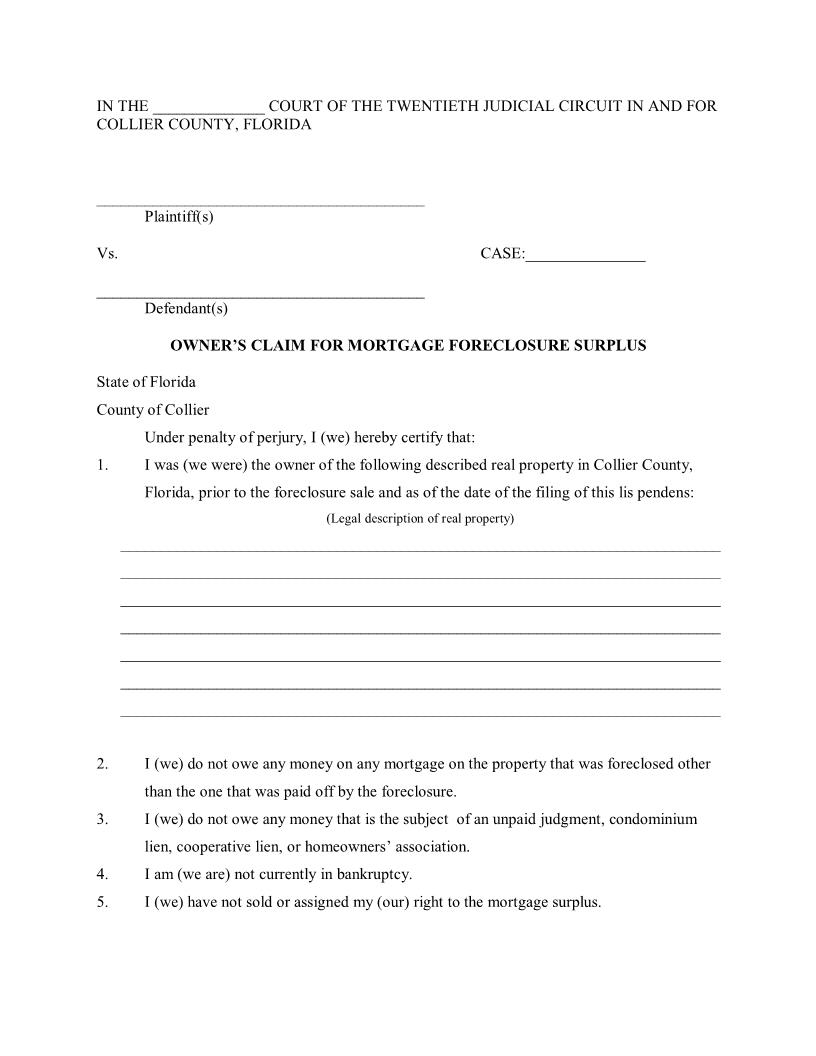Owners Claim For Mortgage Foreclosure Surplus | Pdf Fpdf Docx | Florida