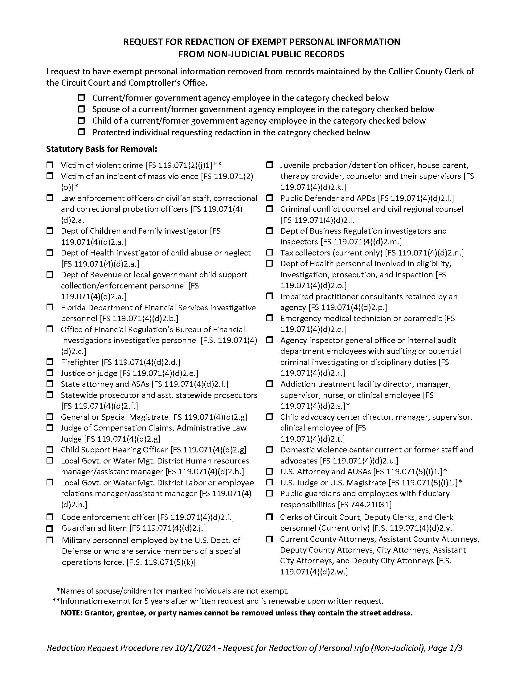 Request For Redaction Exempt Personal Info Non-Judicial Public Records | Pdf Fpdf Docx | Florida