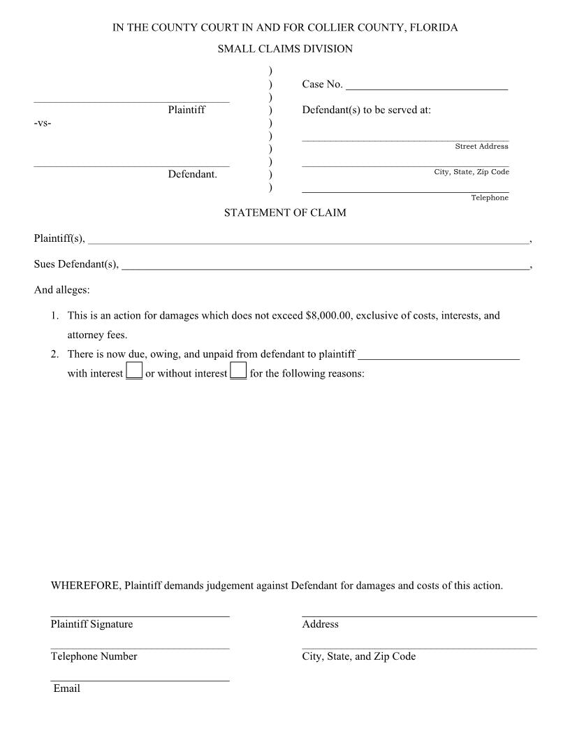 Statement Of Claim (Small Claims) | Pdf Fpdf Docx | Florida