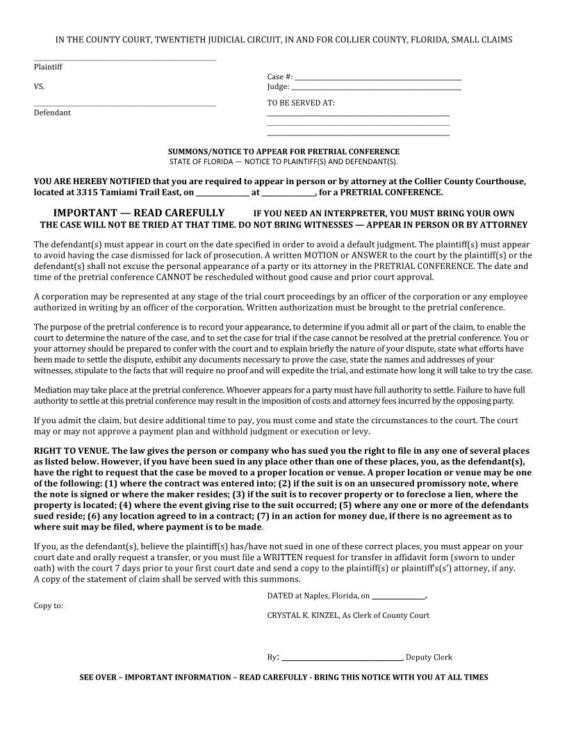 Summons Notice To Appear For Pretrial Conference | Pdf Fpdf Docx | Florida