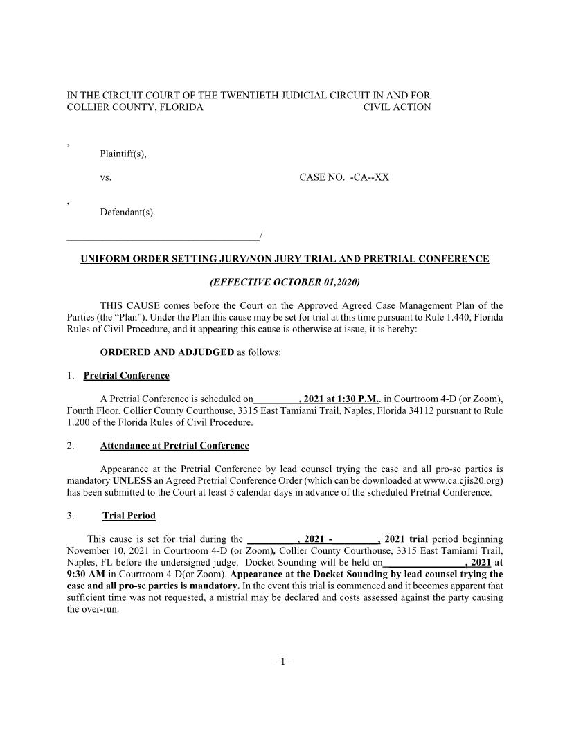 Uniform Order Setting Jury Non-Jury Trial Pretrial Conference (Judge Hayes) | Pdf Fpdf Docx | Florida