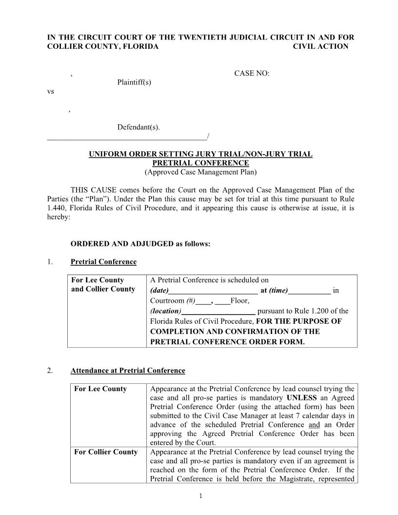 Uniform Order Setting Jury Trial-Non-Jury Trial Pretrial Conference | Pdf Fpdf Docx | Florida
