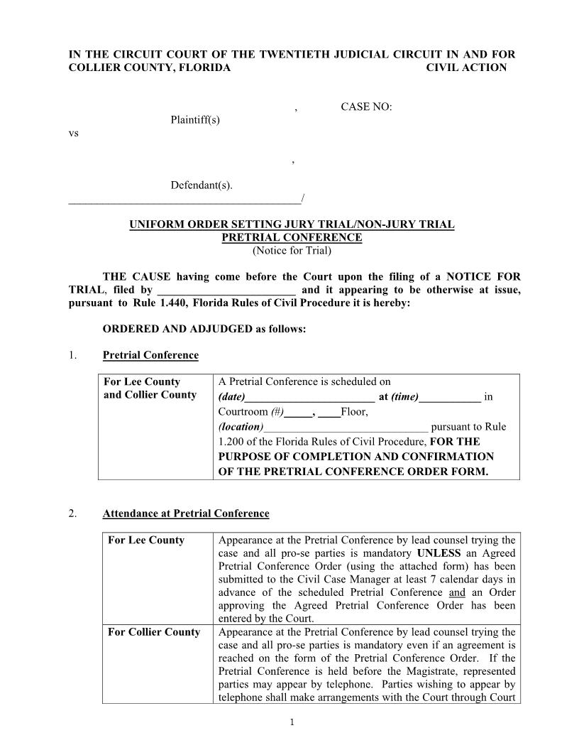Uniform Order Setting Trial Pretrial Conference (Notice For Trial) | Pdf Fpdf Docx | Florida