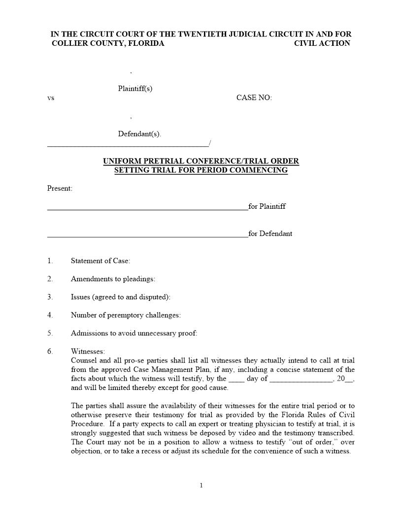 Uniform Pretrial Conference Trial Order Setting Trial (Judge Brodie) | Pdf Fpdf Docx | Florida
