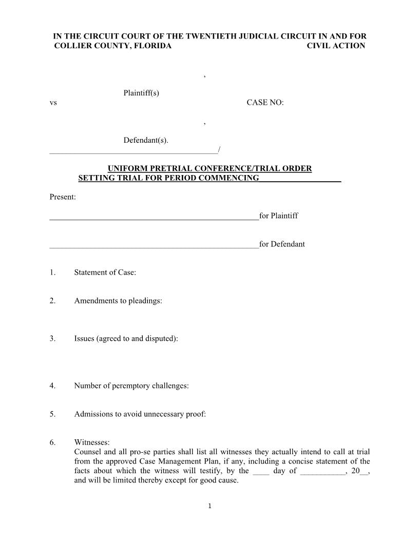 Uniform Pretrial Conference Trial Order Setting Trial | Pdf Fpdf Docx | Florida