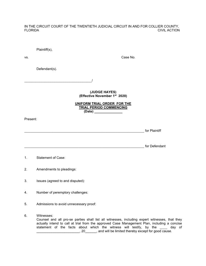 Uniform Trial Order (Judge Hayes) | Pdf Fpdf Docx | Florida