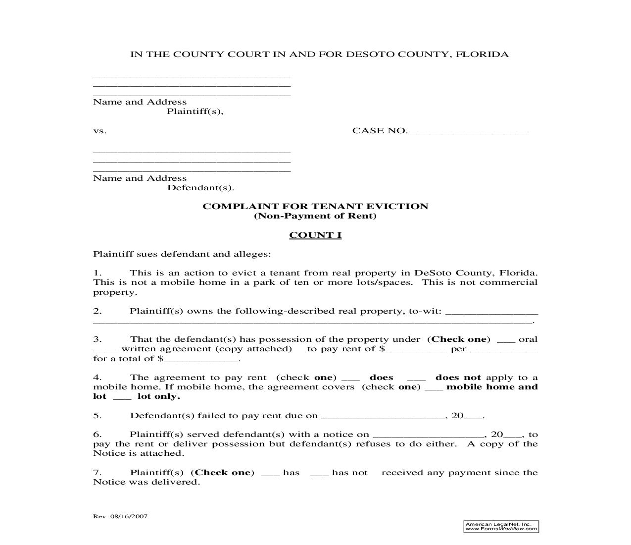 Complaint For Tenant Eviction (Non-Payment Of Rent) |  | Florida