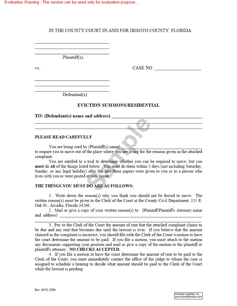 Eviction Summons Residential |  | Florida