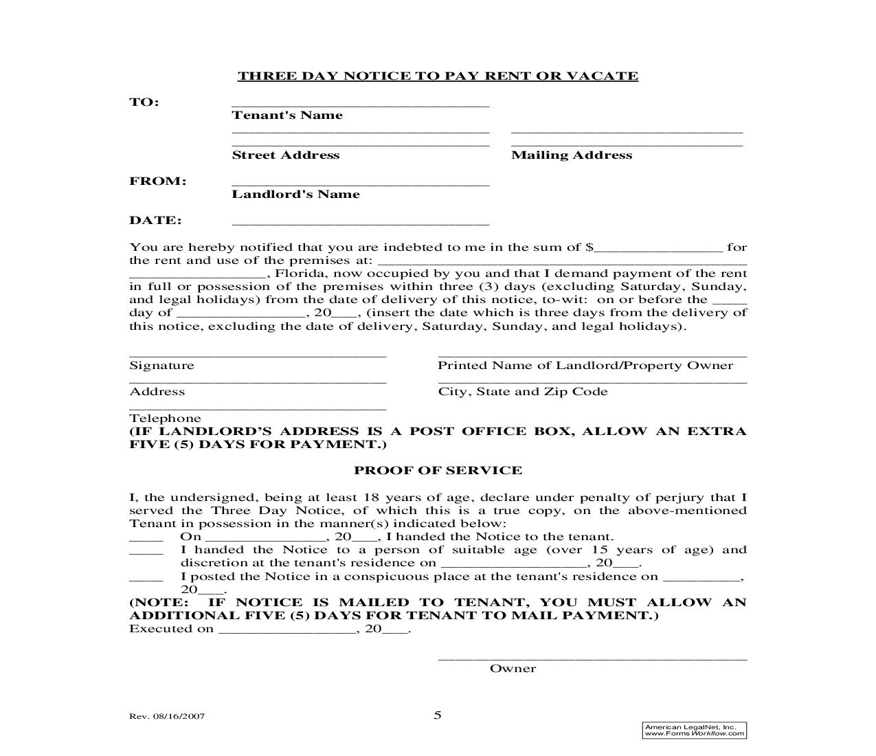 Three Day Notice Notice To Pay Rent Or Vacate |  | Florida