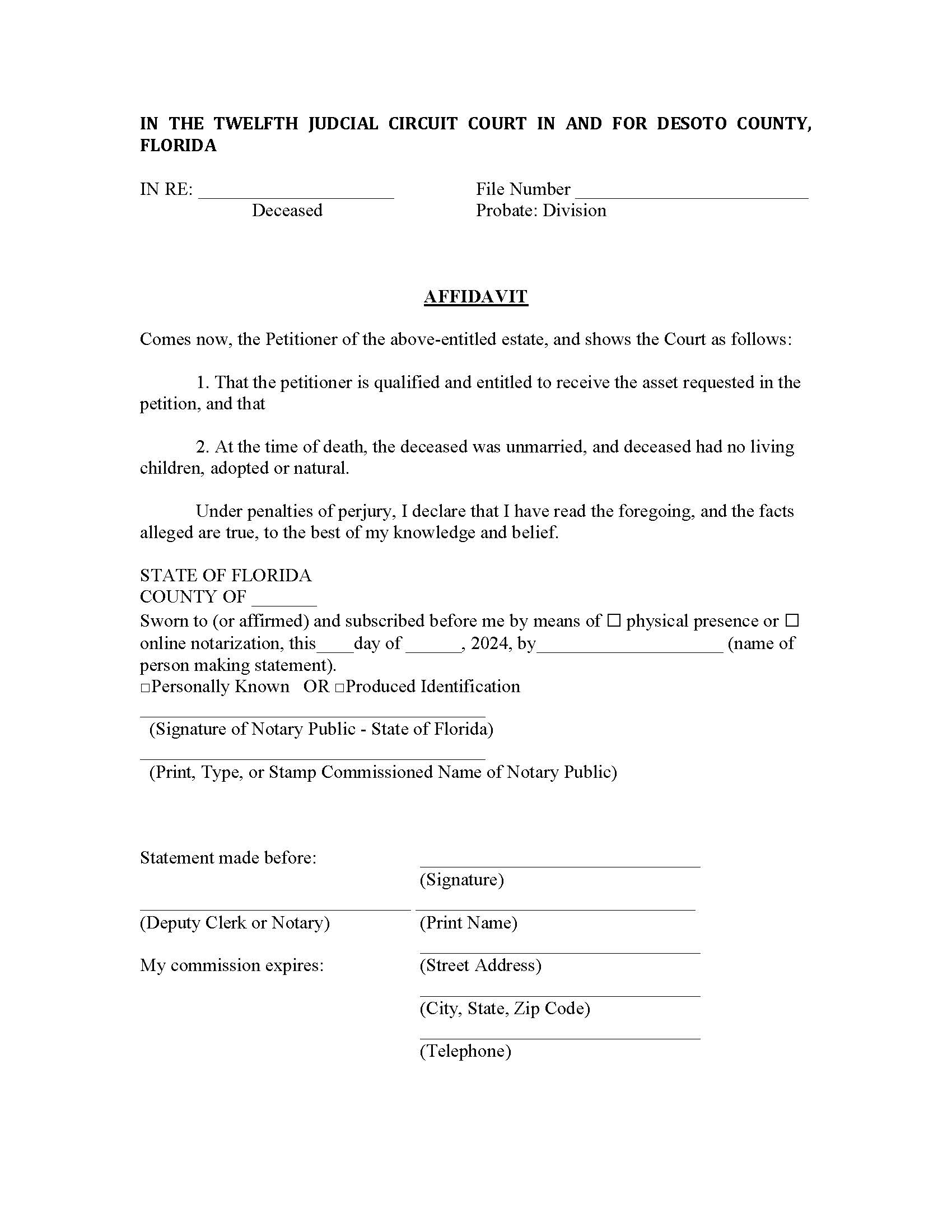 Affidavit (Disposition Of Personal Property) | Pdf Fpdf Docx | Florida