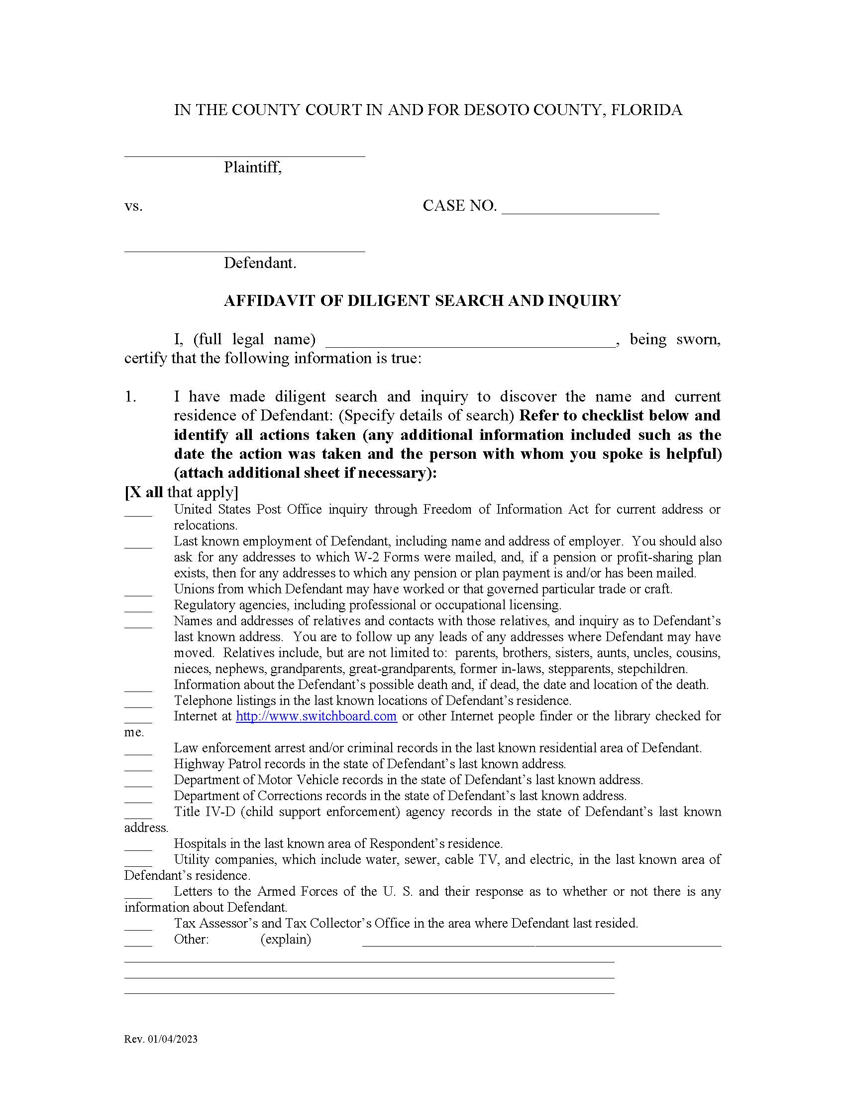 Affidavit Of Diligent Search And Inquiry | Pdf Fpdf Docx | Florida