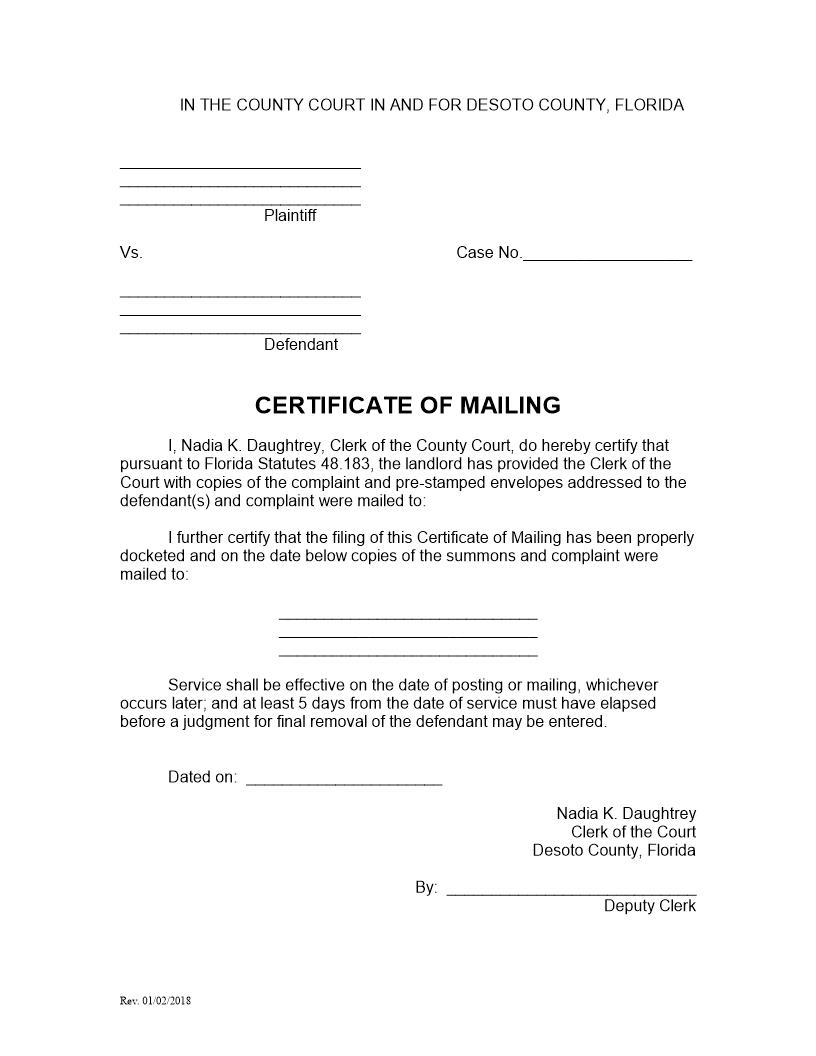 Certificate Of Mailing (Landlord-Tenant Action) | Pdf Fpdf Docx | Florida