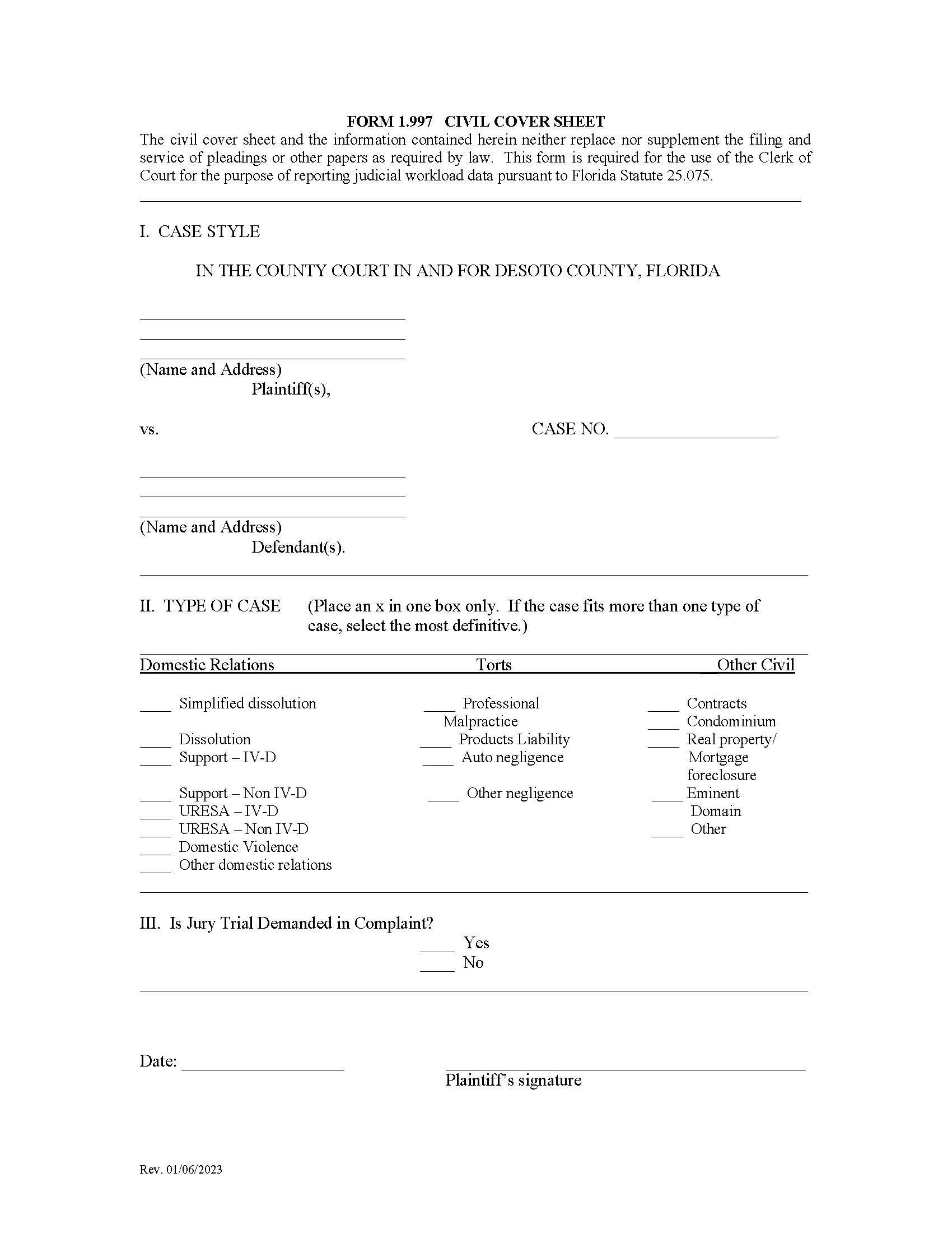 Civil Cover Sheet (County Court) | Pdf Fpdf Docx | Florida