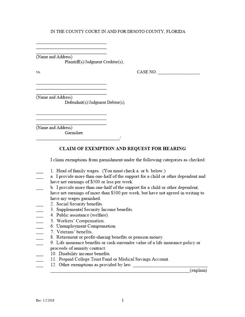 Claim Of Exemption And Request For Hearing (Garnishment) | Pdf Fpdf Docx | Florida