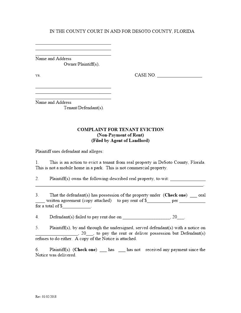 Complaint For Tenant Eviction (Non-Payment - Filed By Landlord Agent) | Pdf Fpdf Docx | Florida
