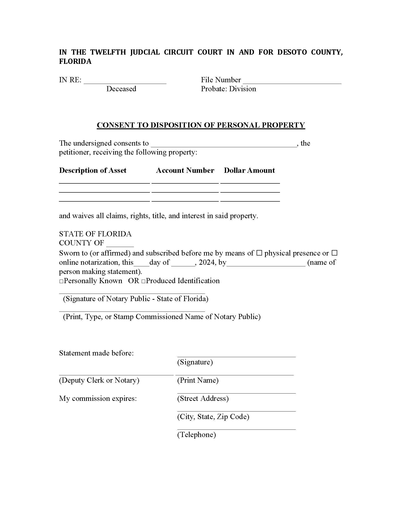 Consent To Disposition Of Personal Property | Pdf Fpdf Docx | Florida