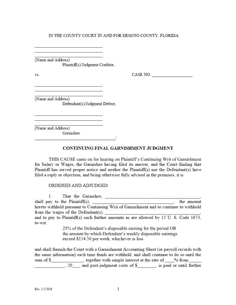 Continuing Final Garnishment Judgment | Pdf Fpdf Docx | Florida