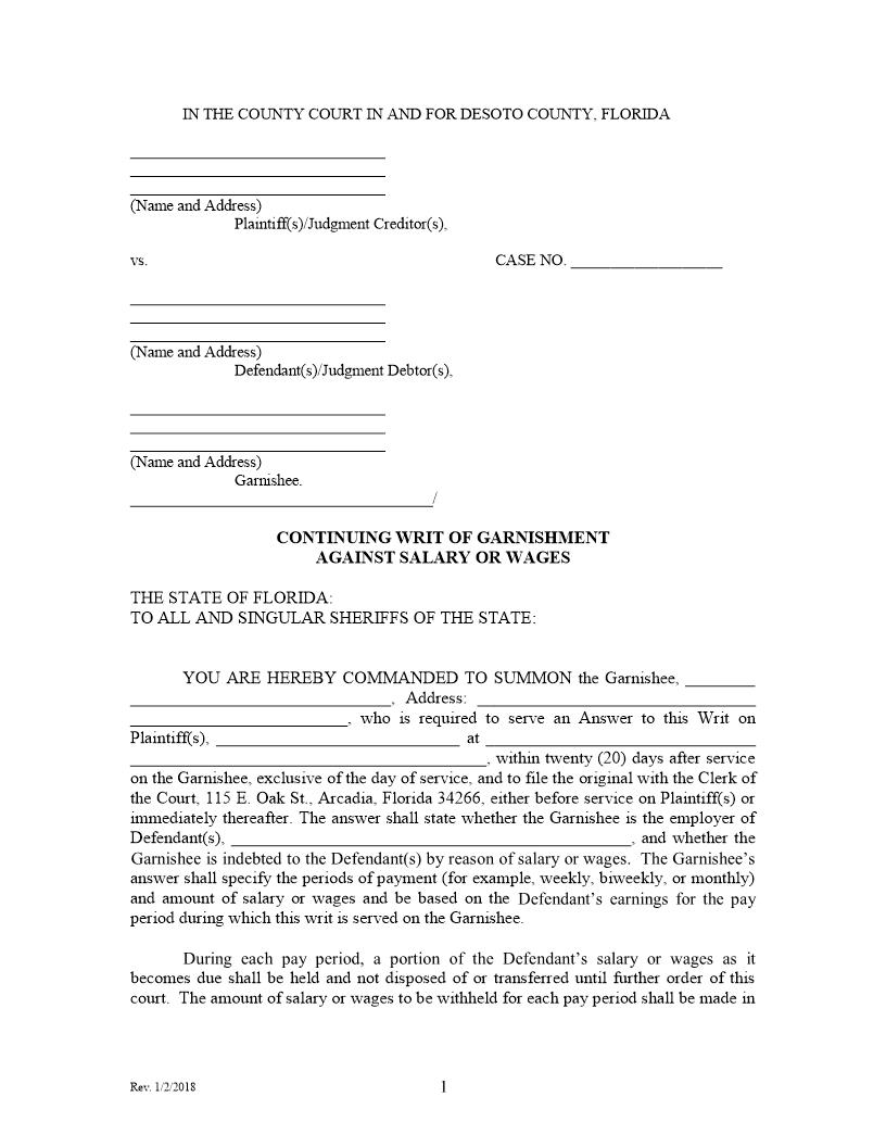 Continuing Writ Of Garnishment Against Salary Or Wages | Pdf Fpdf Docx | Florida