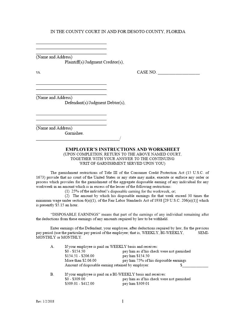 Employers Instructions And Worksheet (Garnishment) | Pdf Fpdf Docx | Florida