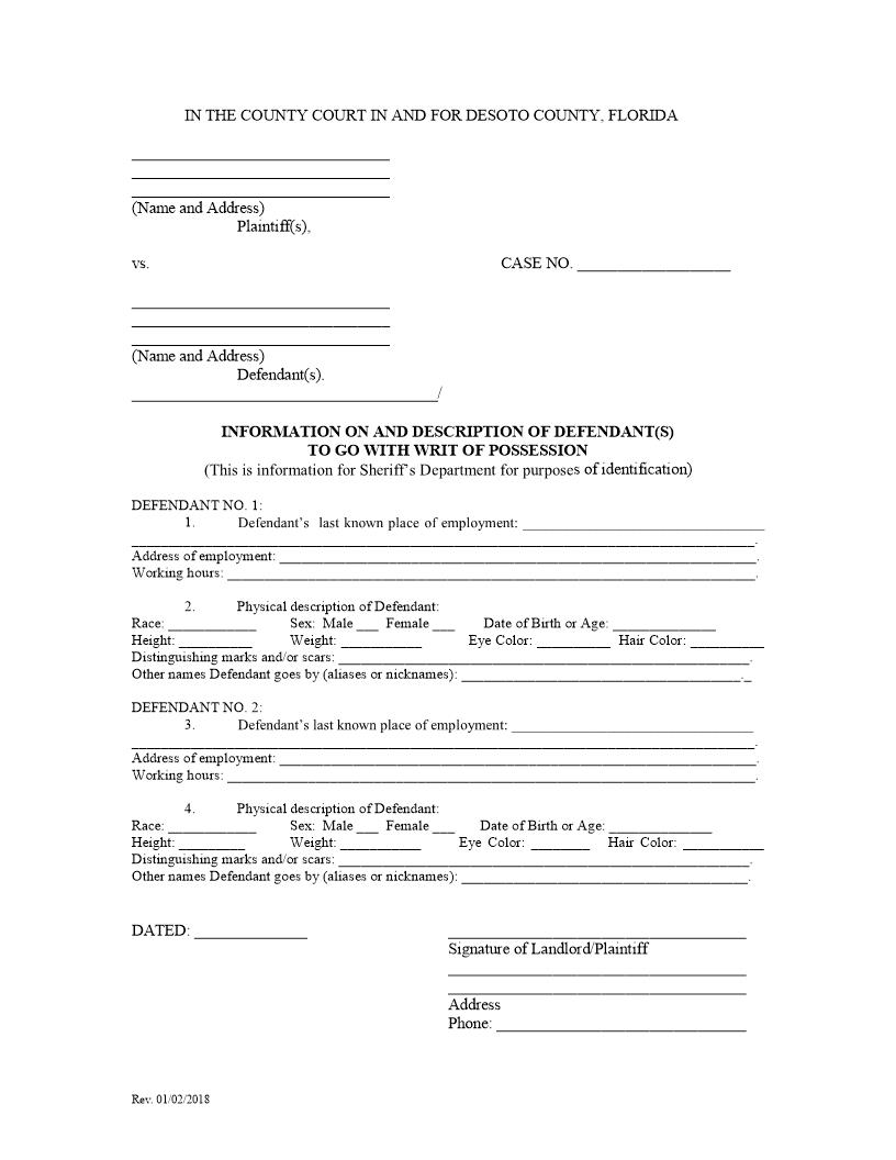 Information And Description Defendant(s) To Go With Writ Of Possession | Pdf Fpdf Docx | Florida