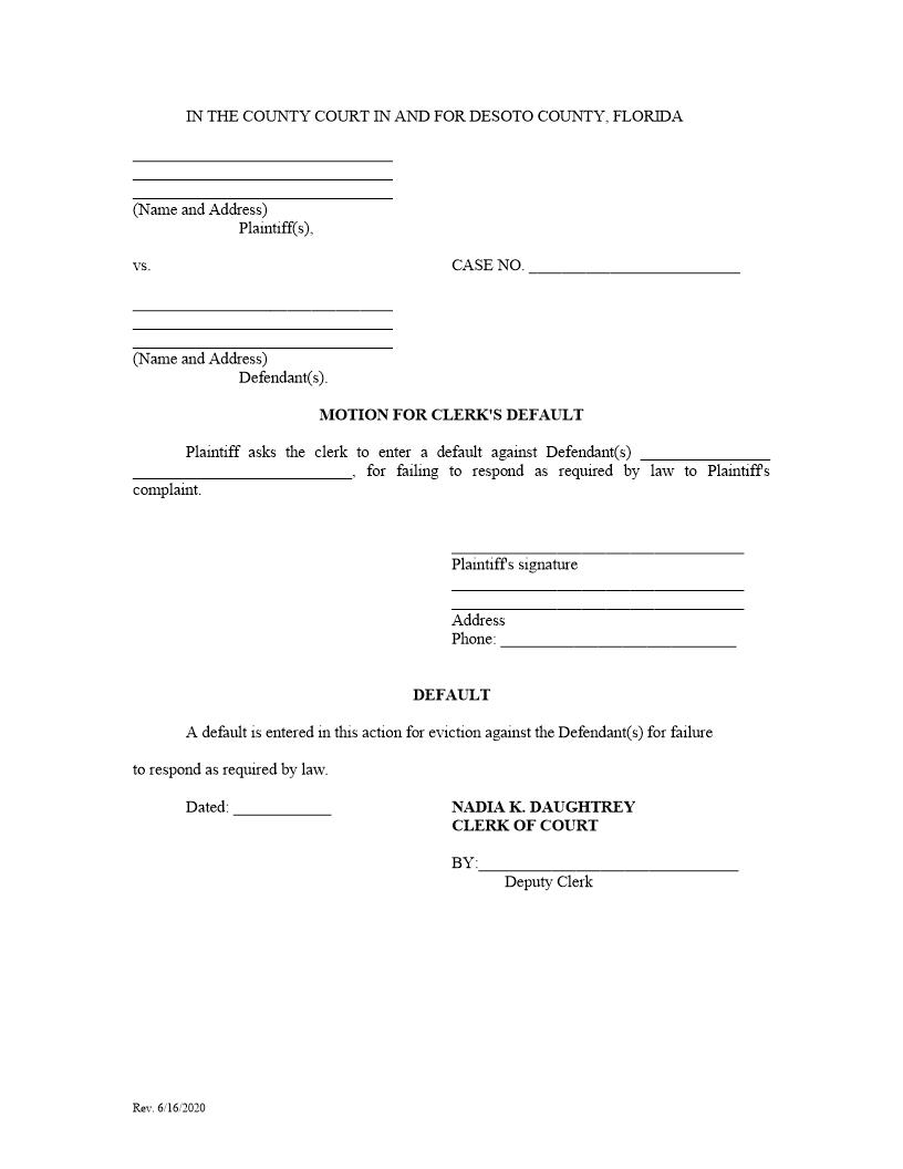 Motion For Clerks Default And Default (Eviction) | Pdf Fpdf Docx | Florida