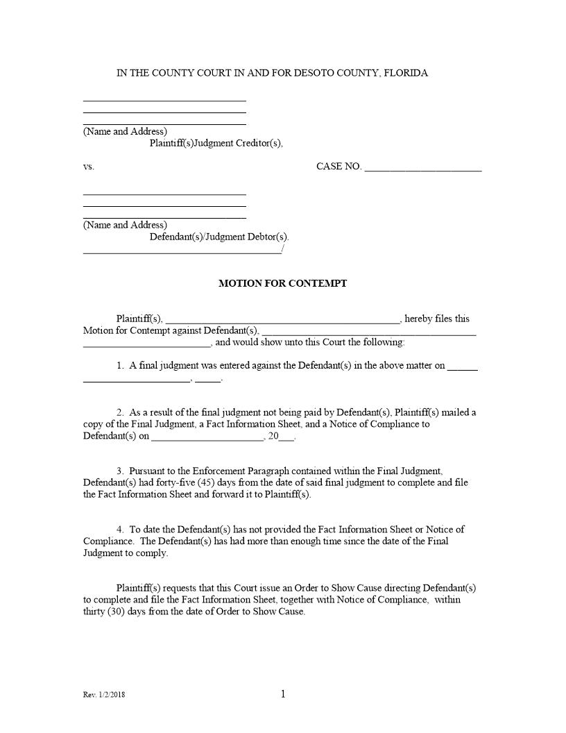 Motion For Contempt | Pdf Fpdf Docx | Florida