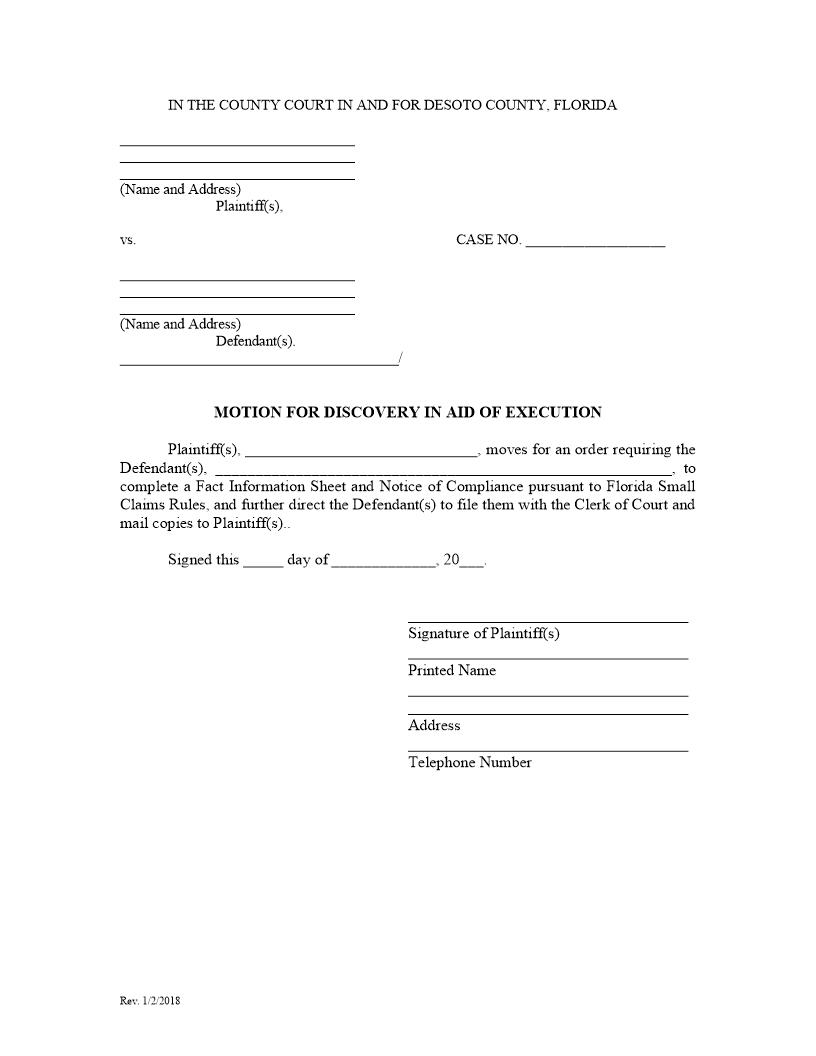 Motion For Discovery In Aid Of Execution (Post-Judgment) | Pdf Fpdf Docx | Florida