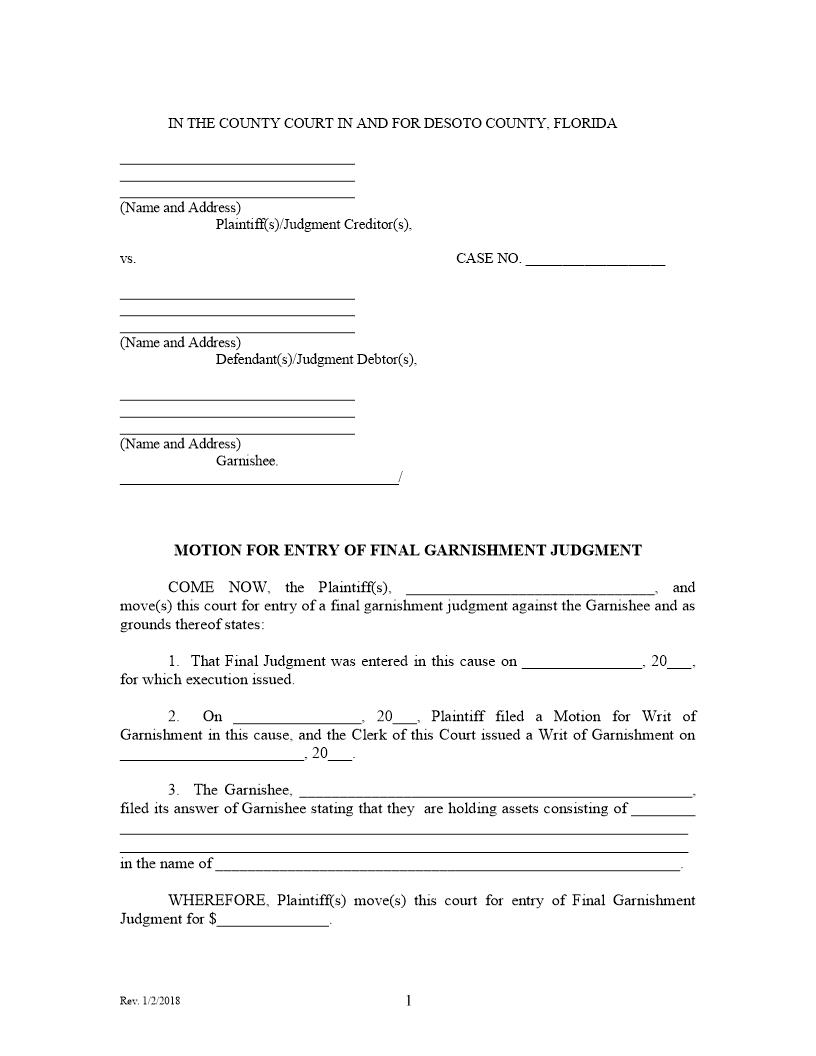 Motion For Entry Of Final Garnishment Judgment | Pdf Fpdf Docx | Florida
